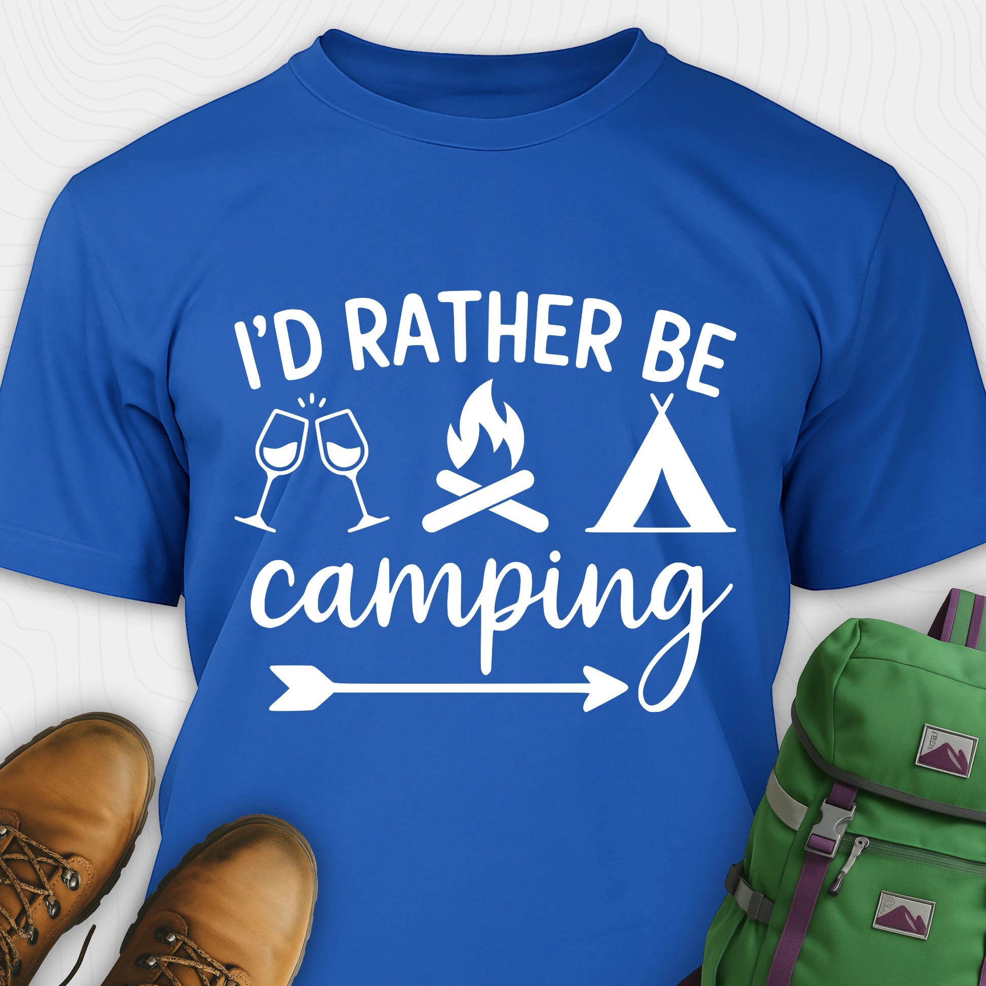 Royal blue women's camping shirt with 'I'd Rather Be Camping' text and graphics on a white background