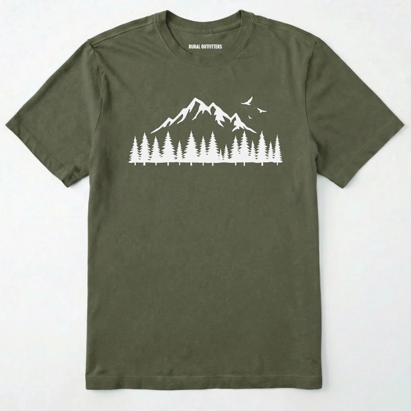 Military Green wild t-shirt with a minimalist mountain and pine tree graphic on a white background.