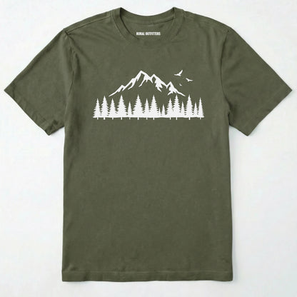 Military Green wild t-shirt with a minimalist mountain and pine tree graphic on a white background.
