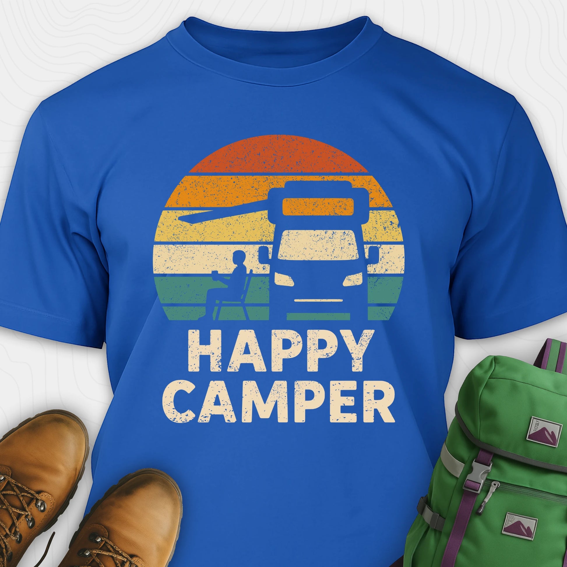 Blue happy camper shirt with retro rv graphic