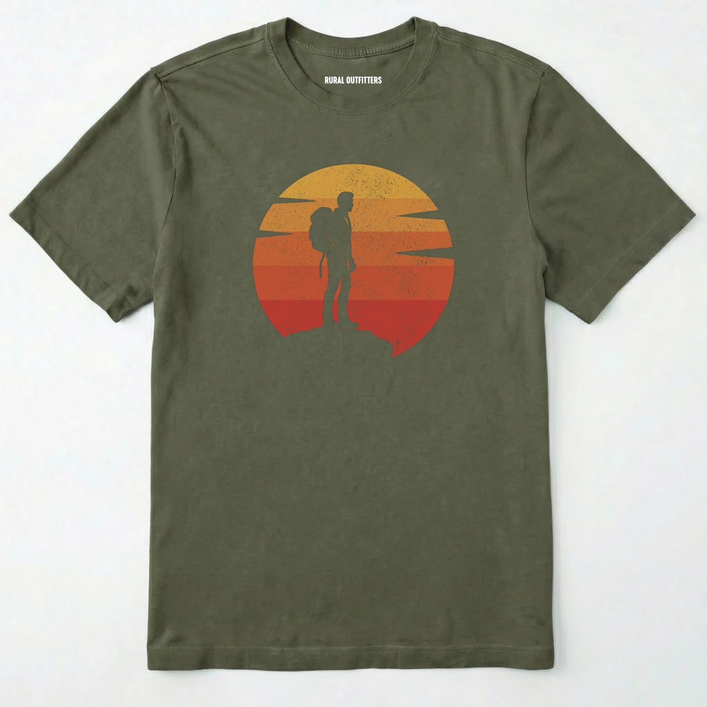 Military Green retro sunset t-shirt with hiker silhouette on a white background.