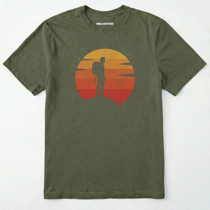 Military Green retro sunset t-shirt with hiker silhouette on a white background.