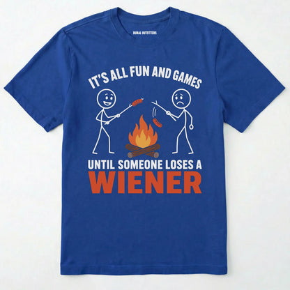 Royal funny wiener shirt with humorous campfire graphic and text on a white background