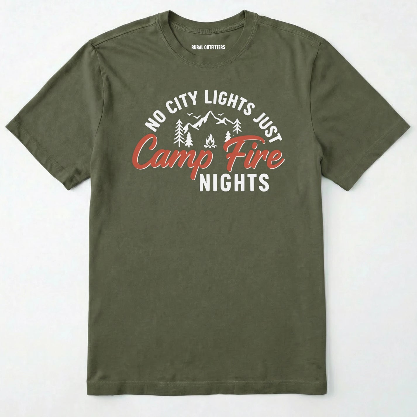 Military Green campfire shirt with mountains and trees design and "no city lights just campfire nights" text on a white background.