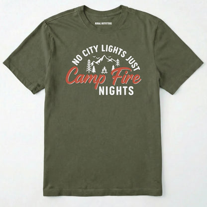 Military Green campfire shirt with mountains and trees design and "no city lights just campfire nights" text on a white background.