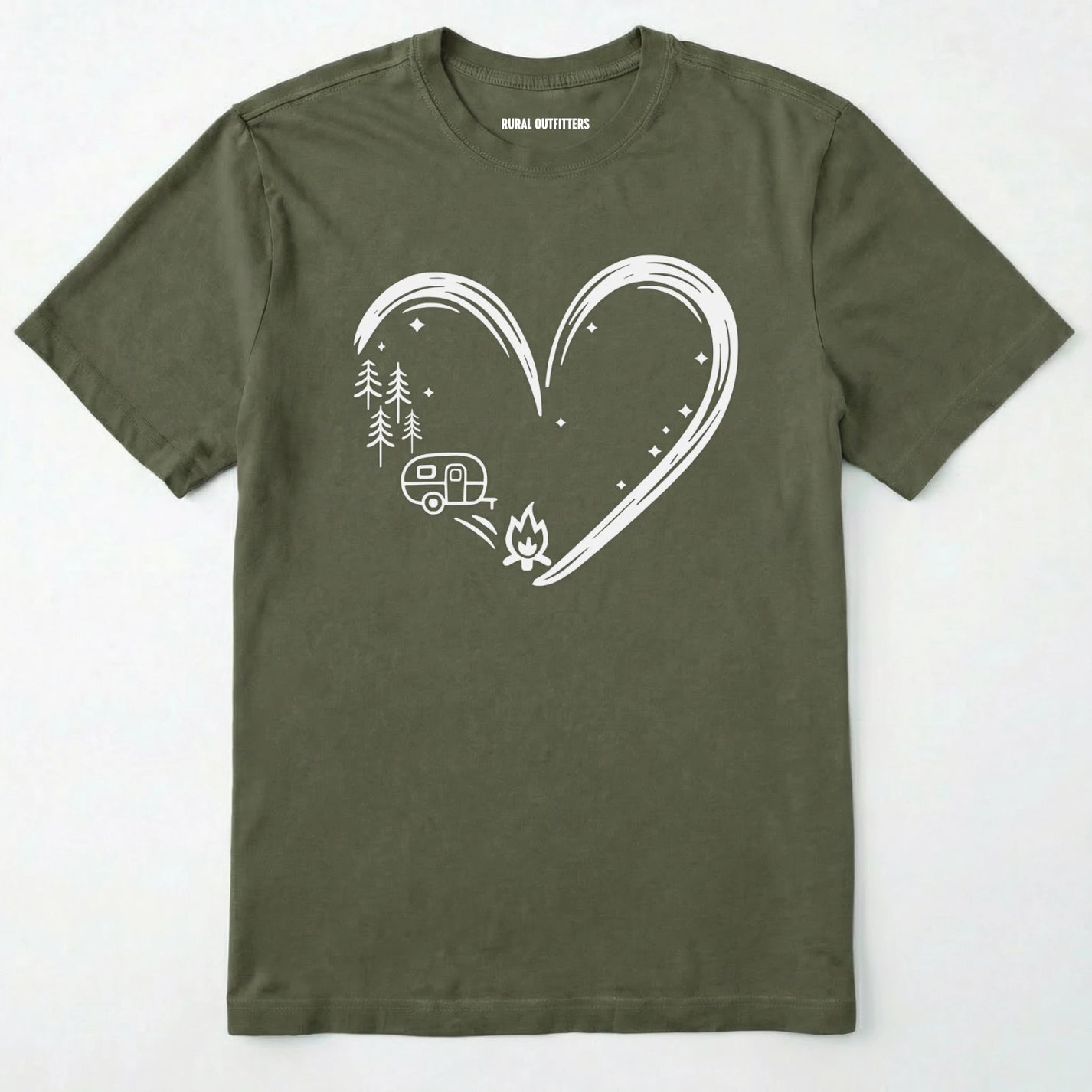 Military Green t-shirt i love camping shirt with a heart-shaped mountain and camper design on a white background.