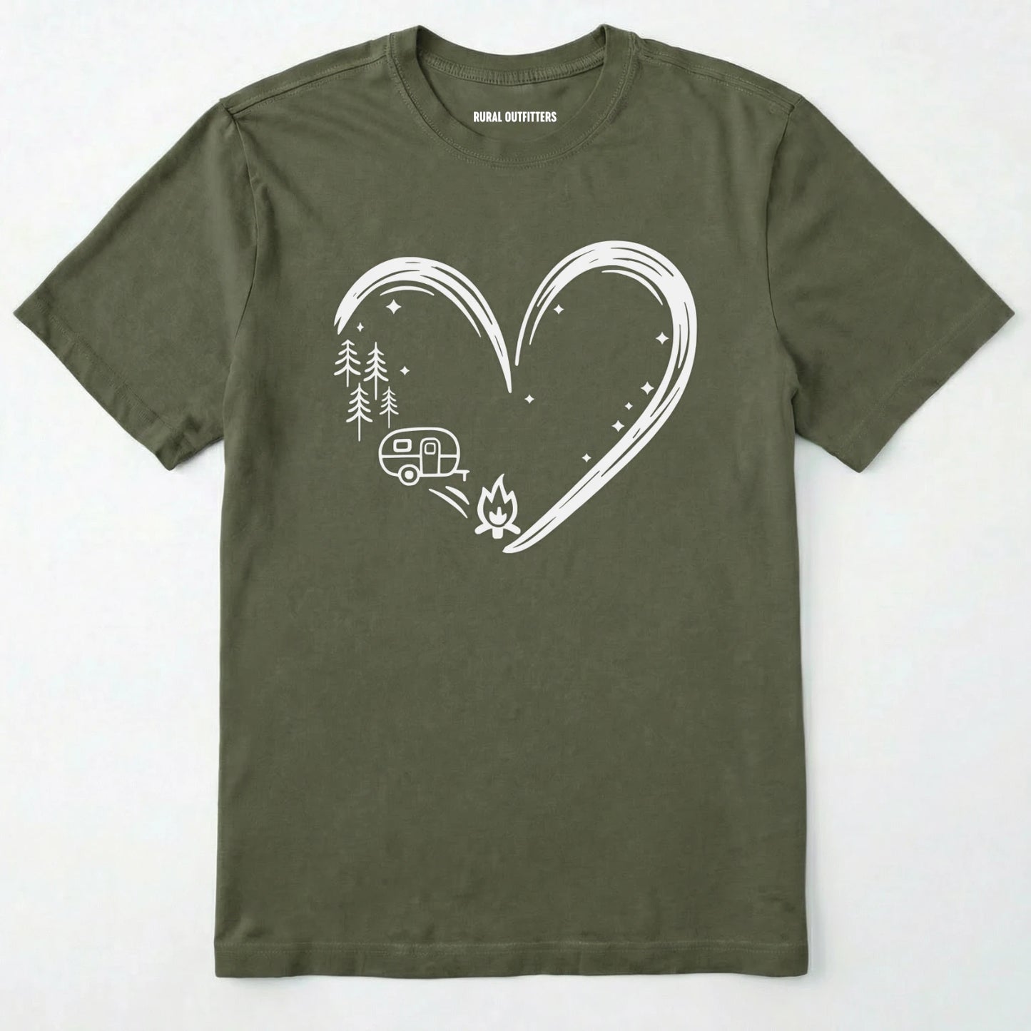 Military Green t-shirt i love camping shirt with a heart-shaped mountain and camper design on a white background.