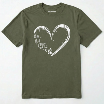 Military Green t-shirt i love camping shirt with a heart-shaped mountain and camper design on a white background.