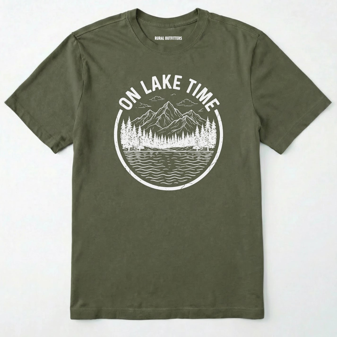 Military Green t-shirt with 'on lake time' graphic design on a white background