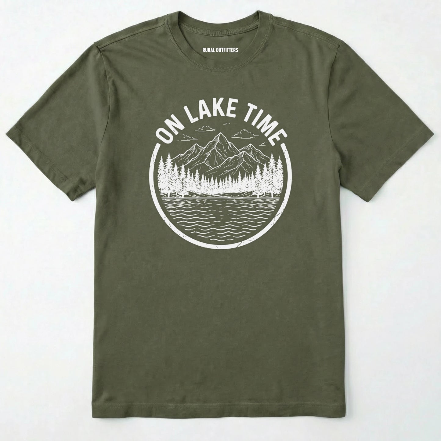Military Green t-shirt with 'on lake time' graphic design on a white background