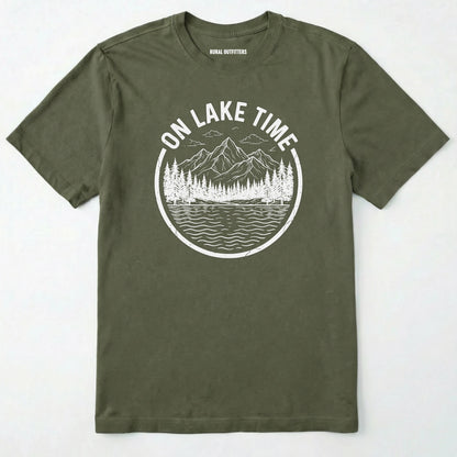 Military Green t-shirt with 'on lake time' graphic design on a white background
