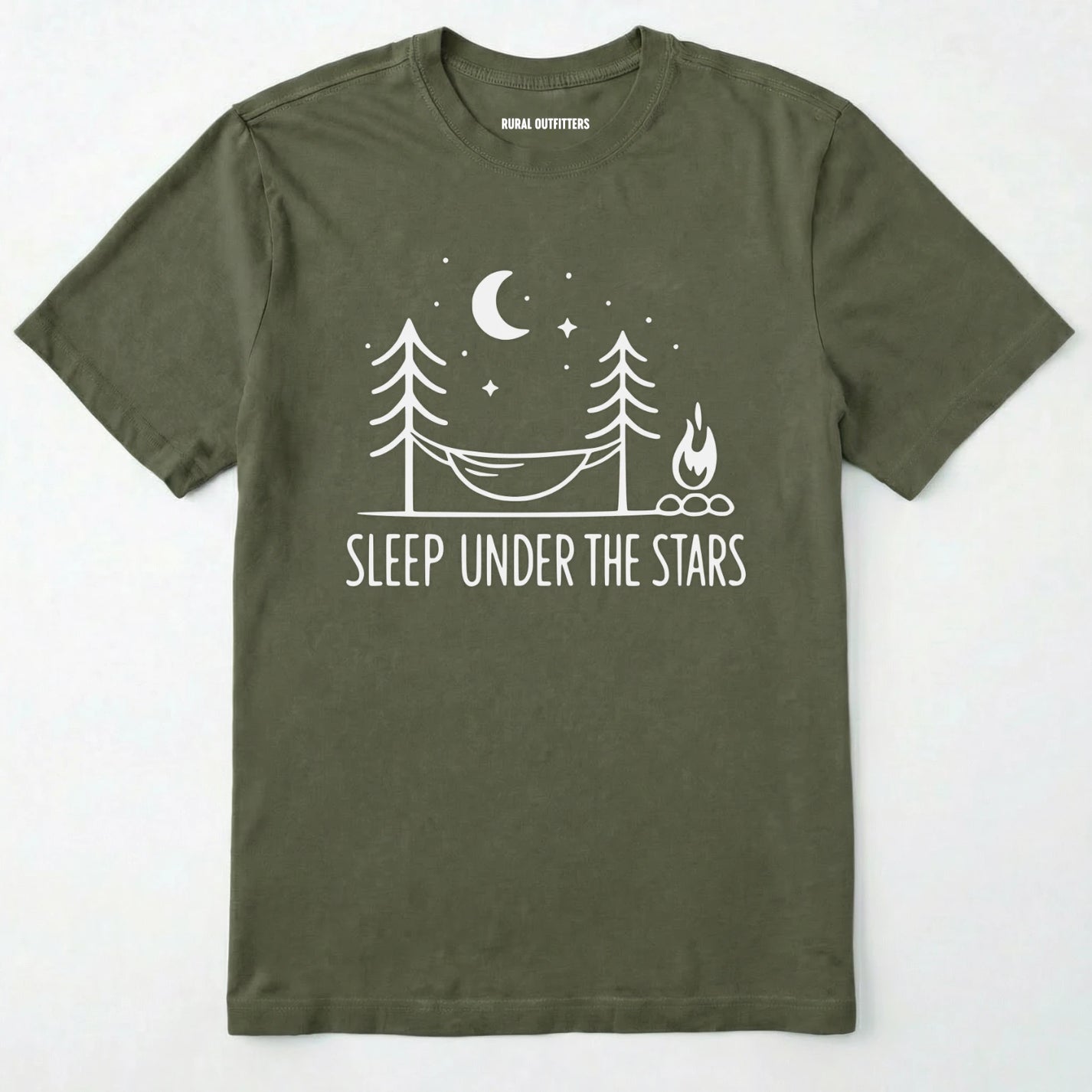Military Green night sky shirt with hammock, moon, stars and campfire design on a white background.