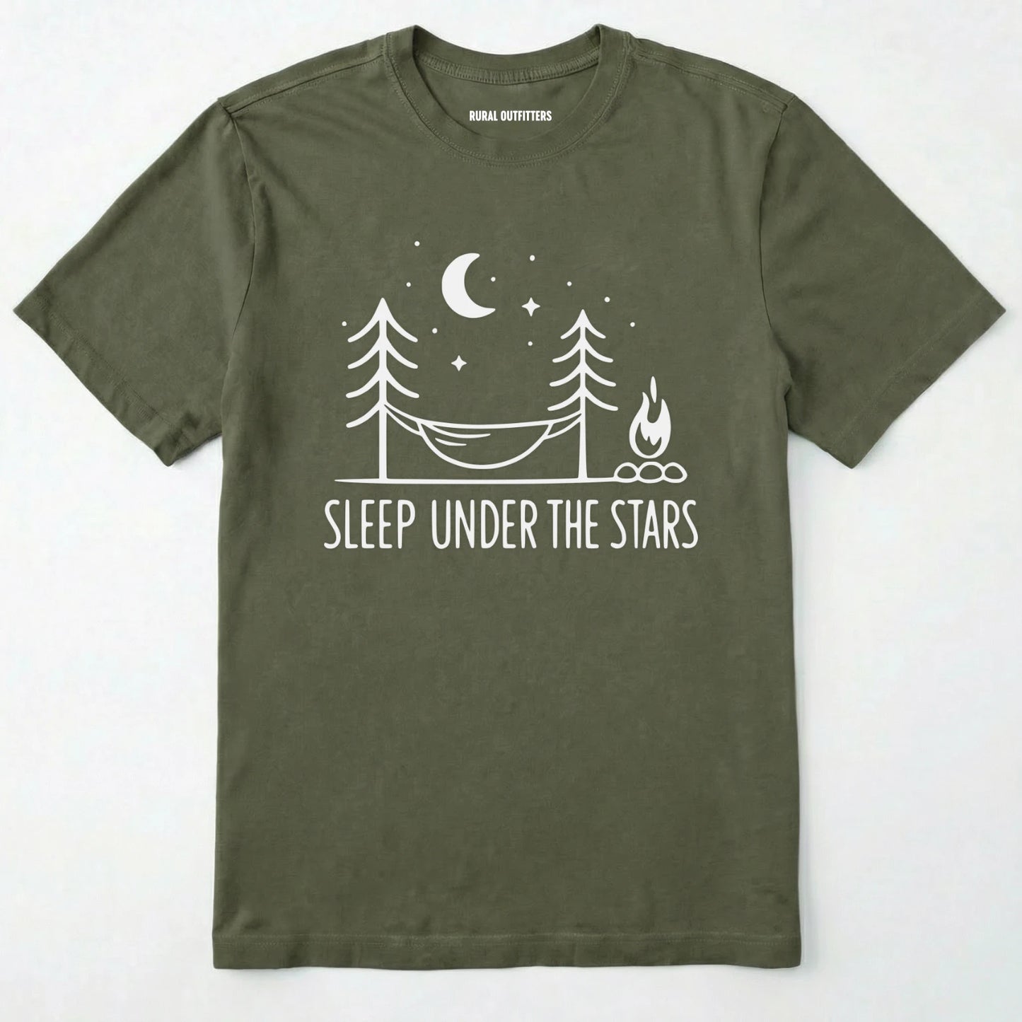 Military Green night sky shirt with hammock, moon, stars and campfire design on a white background.