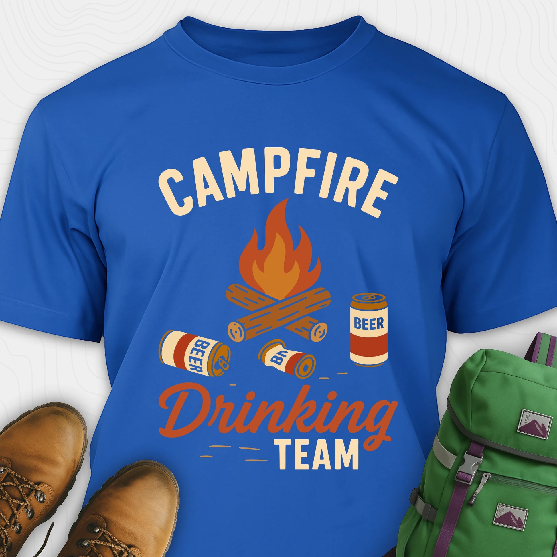 Blue campfire drinking team t-shirt with beer cans and campfire graphic