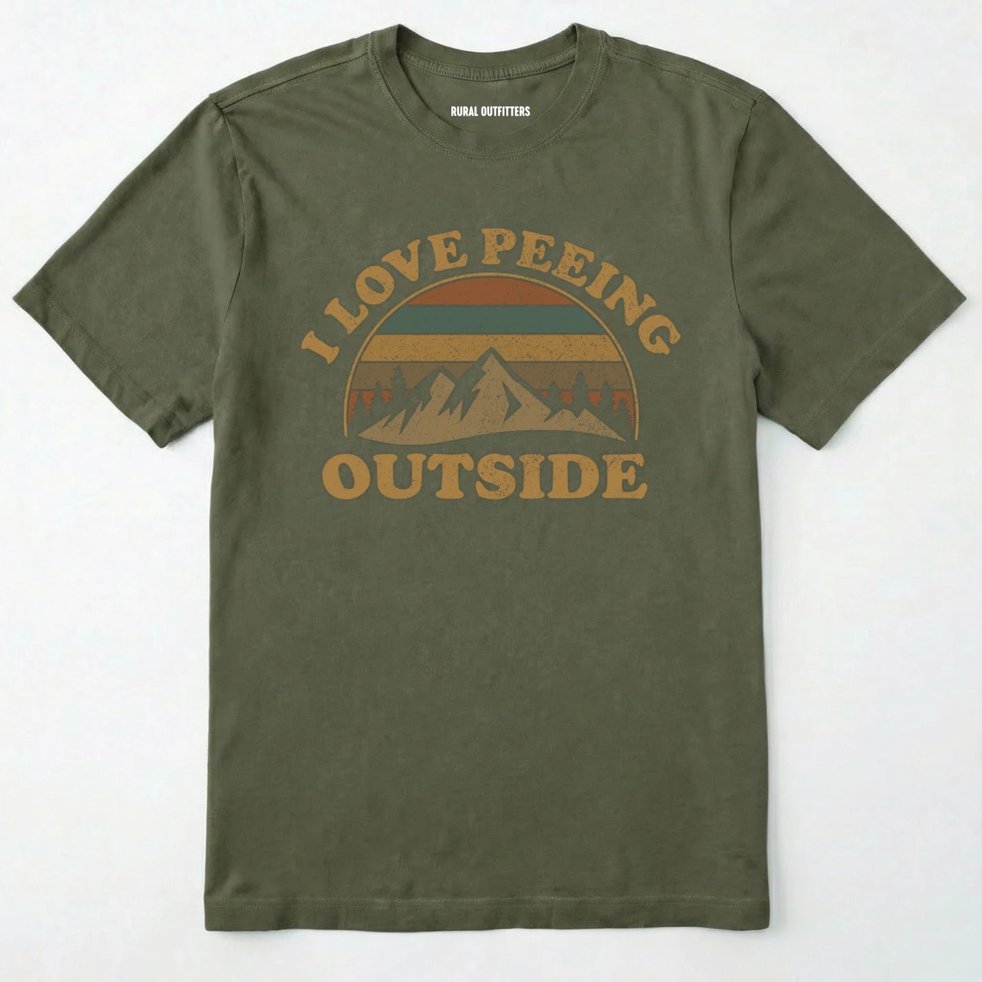 Military Green i love peeing outside shirt with a retro mountain graphic on a white background.