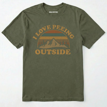 Military Green i love peeing outside shirt with a retro mountain graphic on a white background.