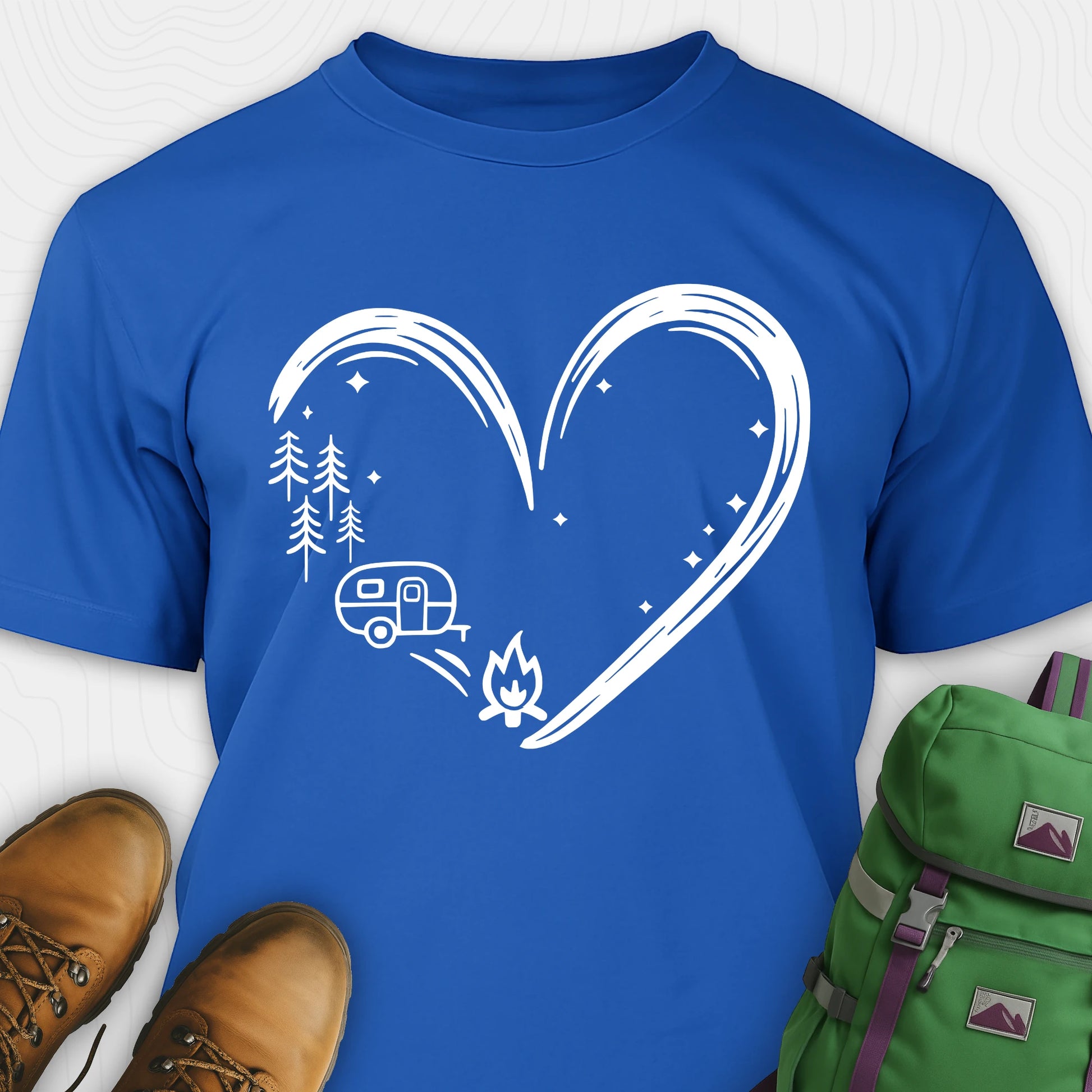 Blue I love camping shirt with heart-shaped mountain and camper design