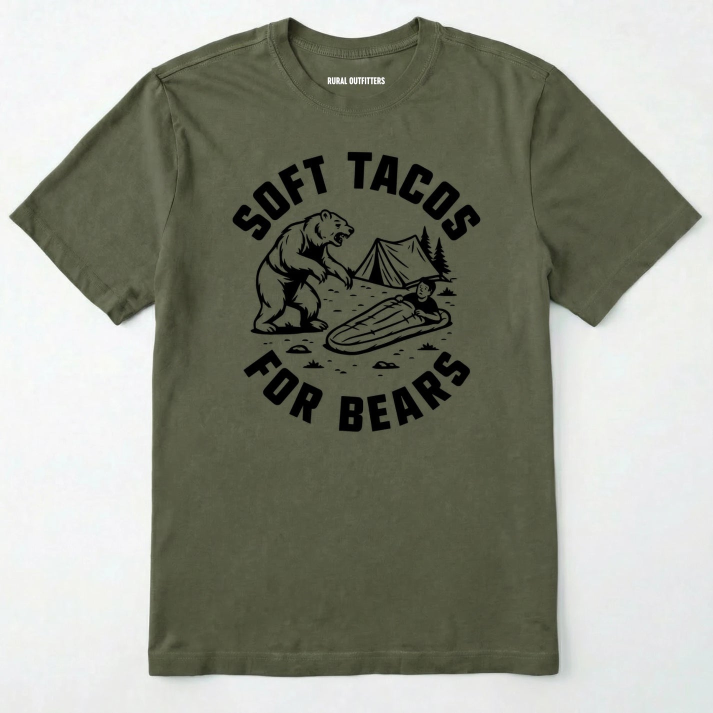 Military Green funny bear shirt with bear graphic and text 'soft tacos for bears' on a white background.