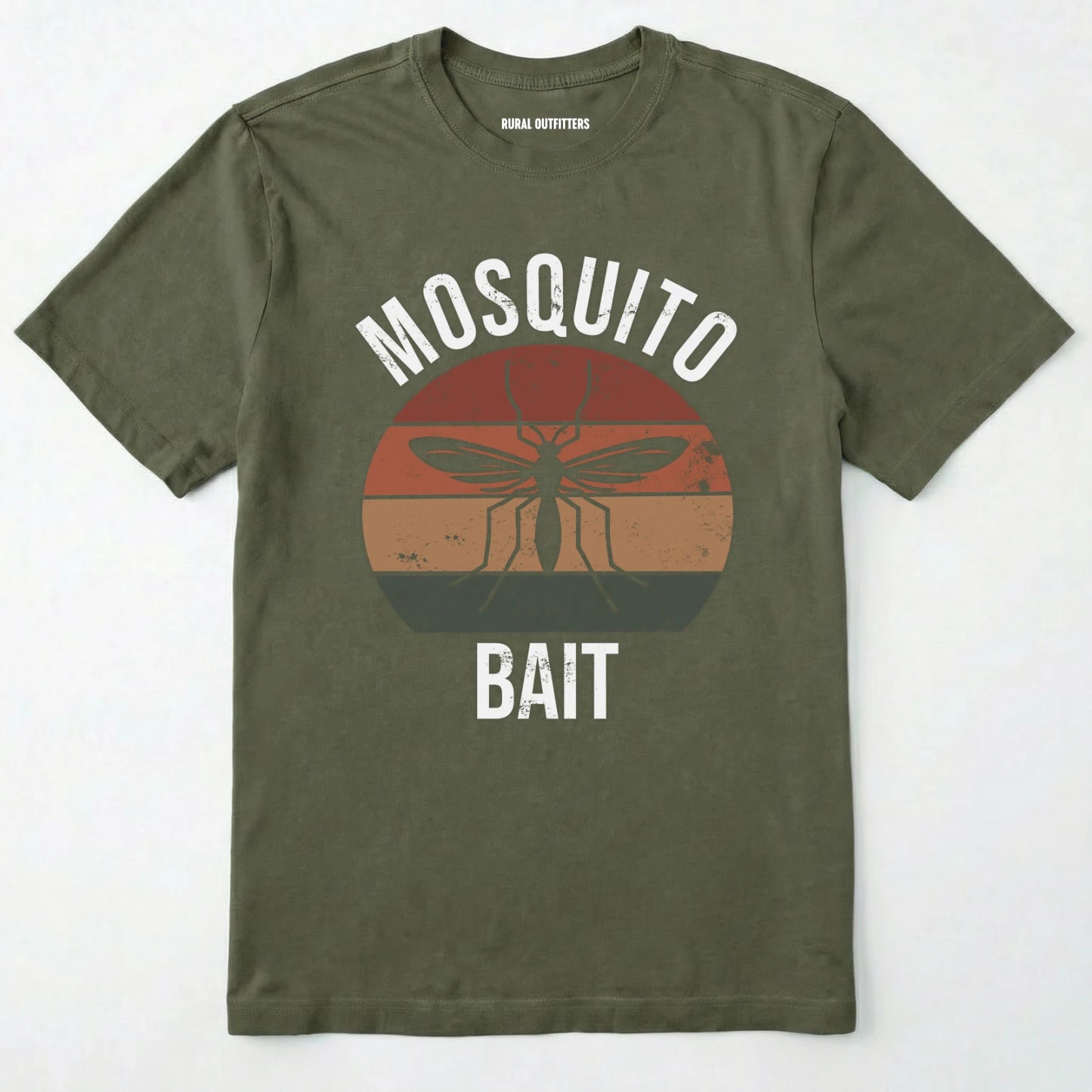 Military Green mosquito shirt with mosquito graphic and 'mosquito bait' text on a white background