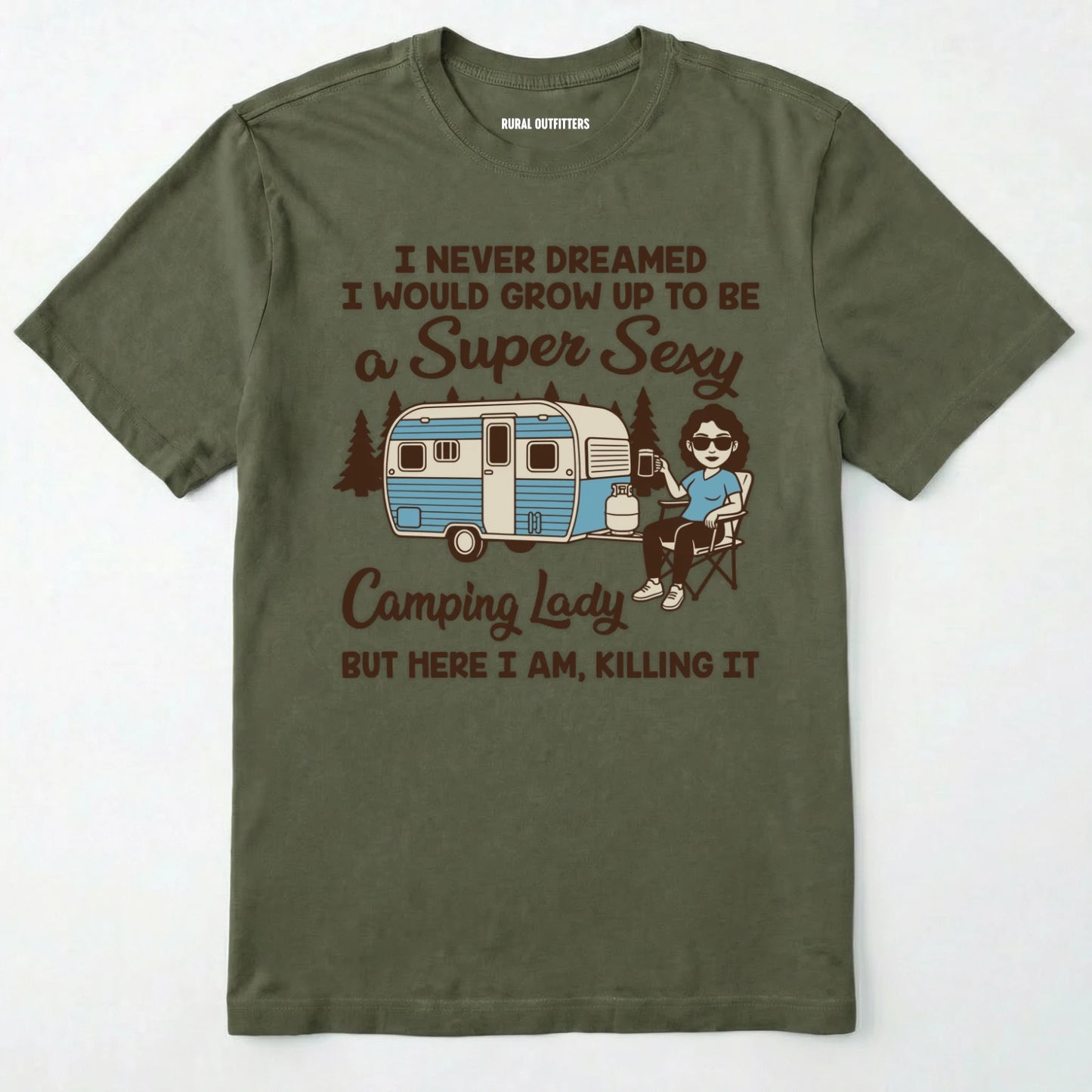 Military Green t-shirt with a graphic of a woman by a camper and text on a white background