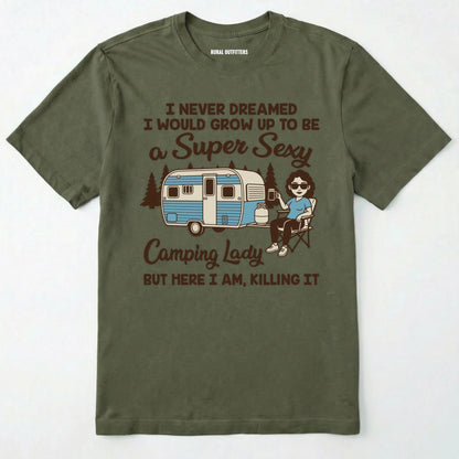 Military Green t-shirt with a graphic of a woman by a camper and text on a white background