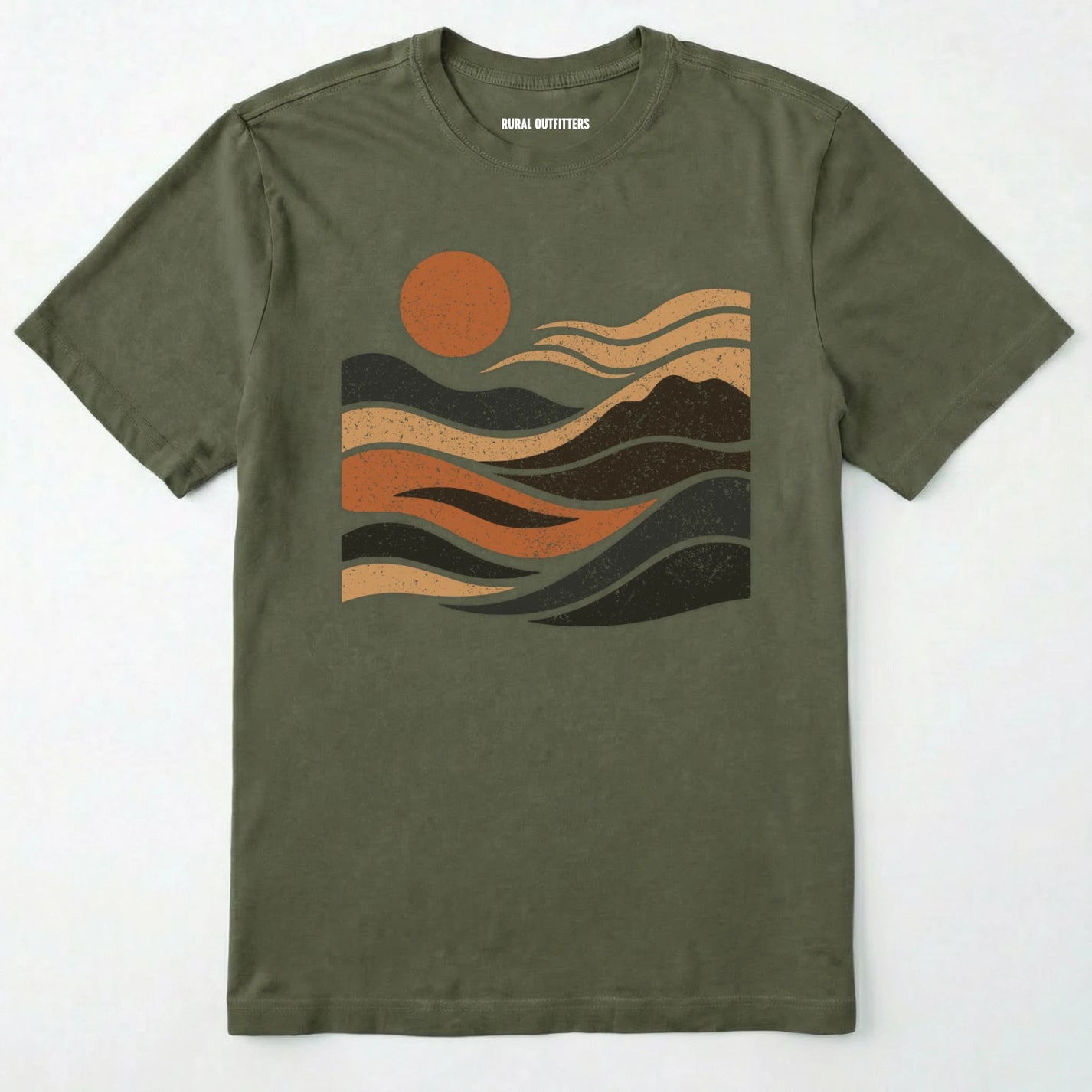 Military Green t-shirt with a graphic design of a sun and mountains on a white background
