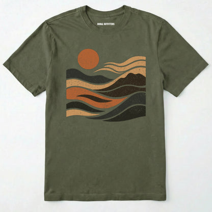 Military Green t-shirt with a graphic design of a sun and mountains on a white background