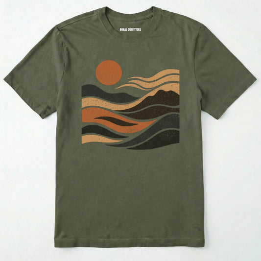 Military Green t-shirt with a graphic design of a sun and mountains on a white background