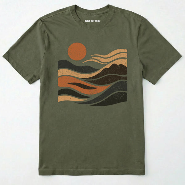 Military Green t-shirt with a graphic design of a sun and mountains on a white background