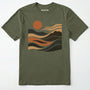 Military Green t-shirt with a graphic design of a sun and mountains on a white background