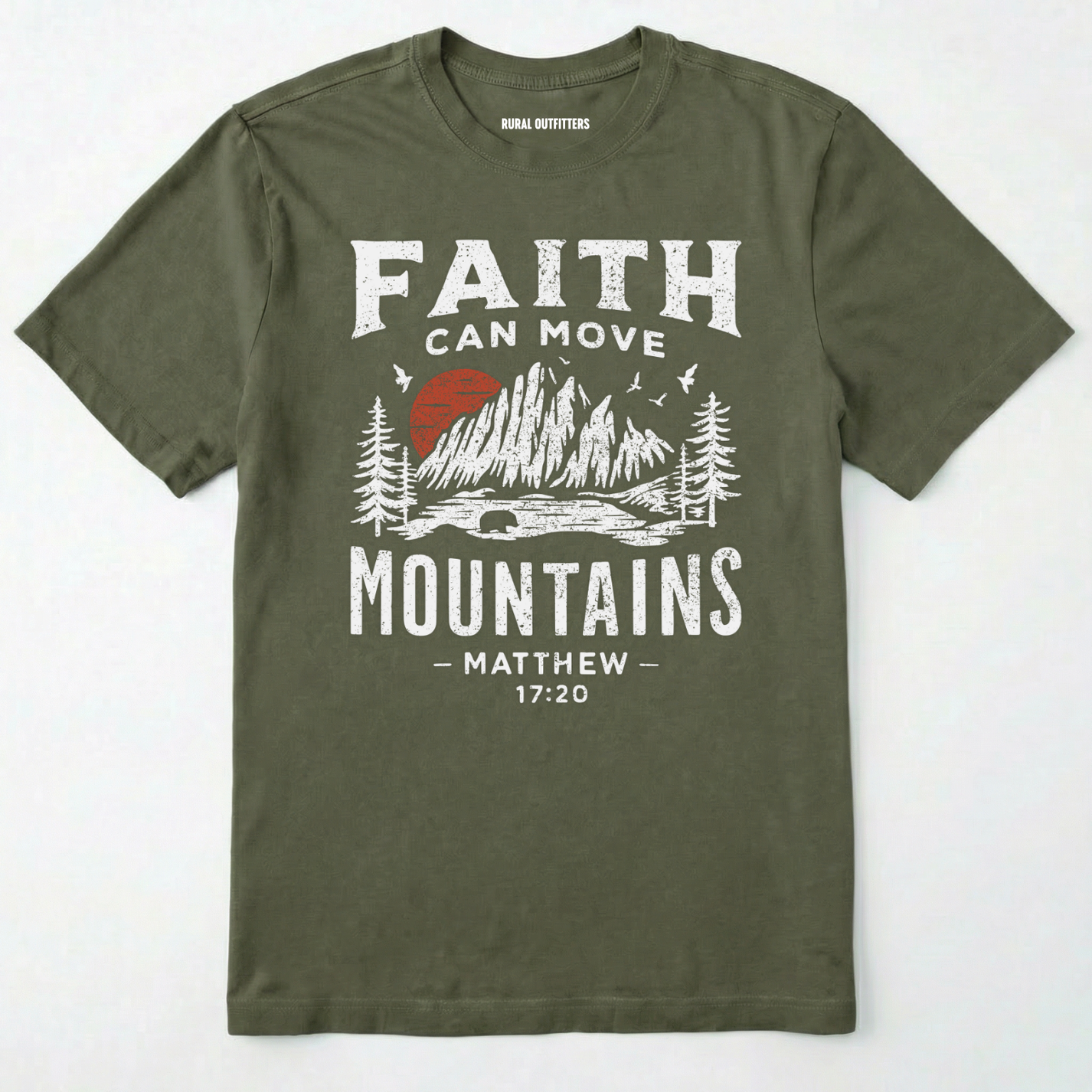 Military Green bible verse t-shirt with 'faith can move mountains' text with outdoor graphic design on a white background.