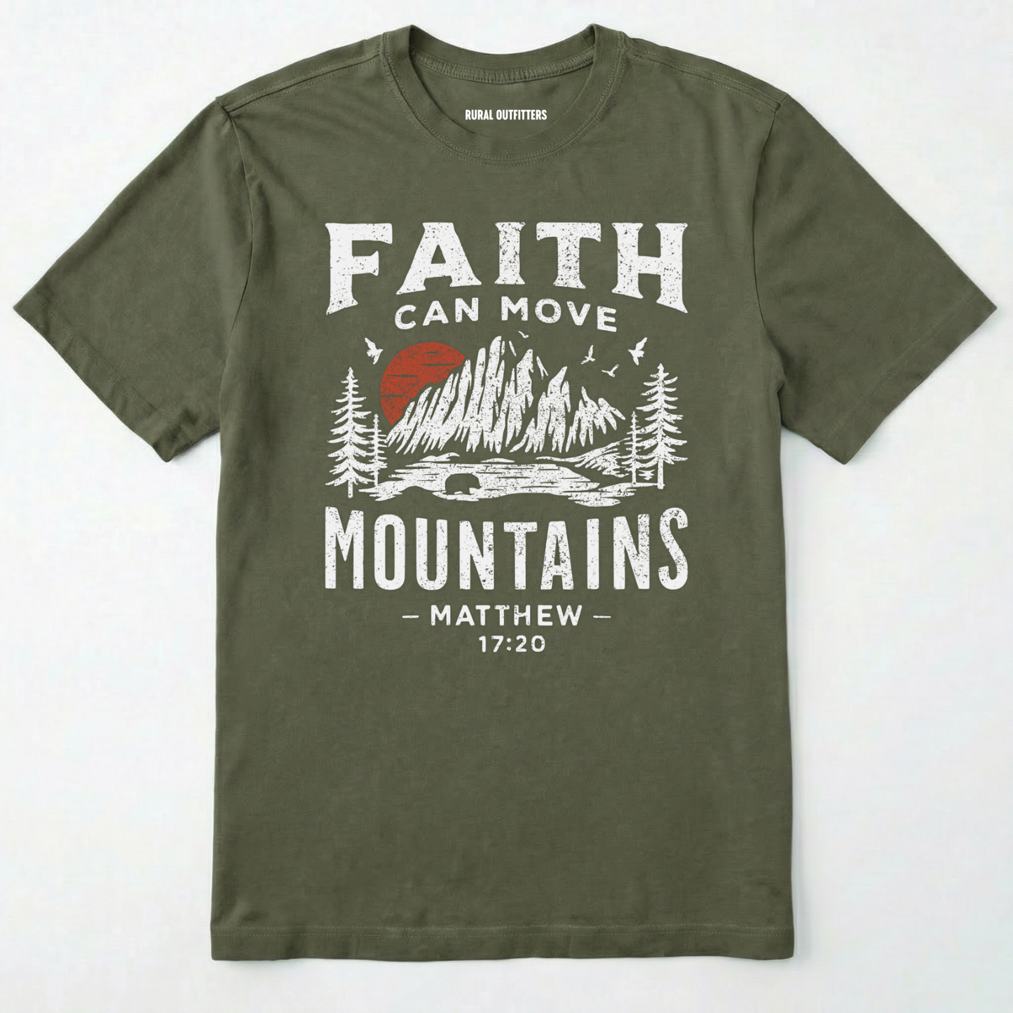 Military Green bible verse t-shirt with 'faith can move mountains' text with outdoor graphic design on a white background.