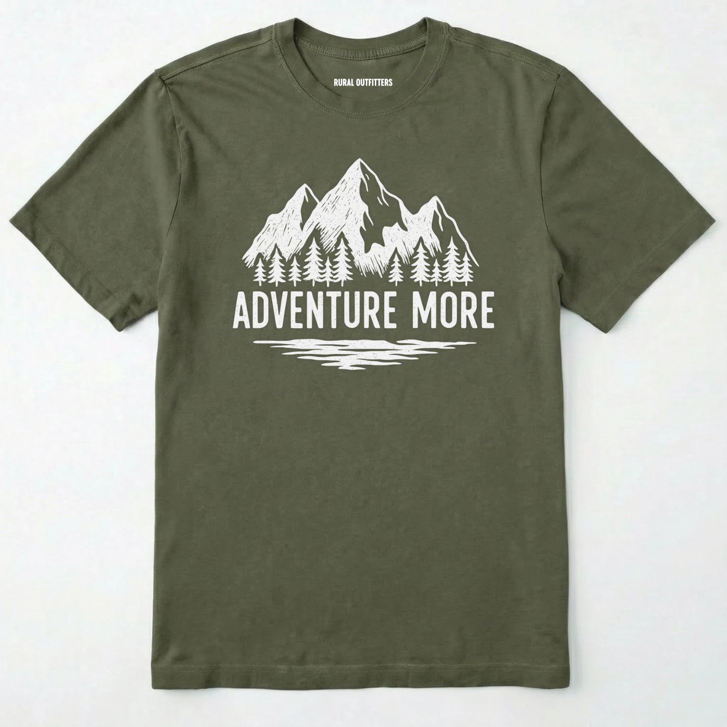 Military Green adventure t-shirt with white mountain and tree graphic on a soft cotton tee