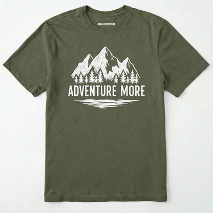 Military Green adventure t-shirt with white mountain and tree graphic on a soft cotton tee