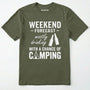 Military Green t-shirt with white text 'weekend forecast mostly drinking with a chance of camping' on a white background