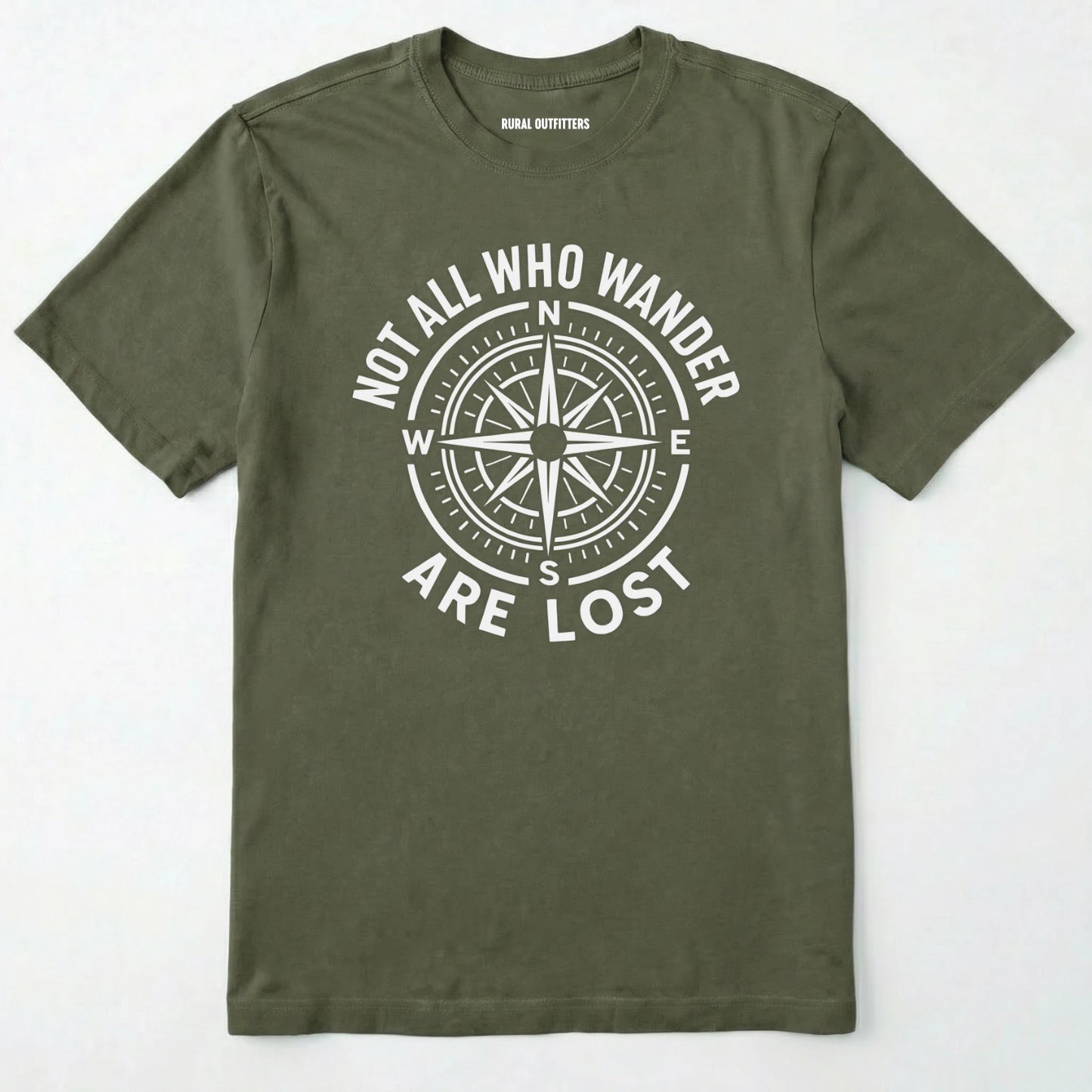 Military Green not all who wander are lost t-shirt with compass design and text on a white background.