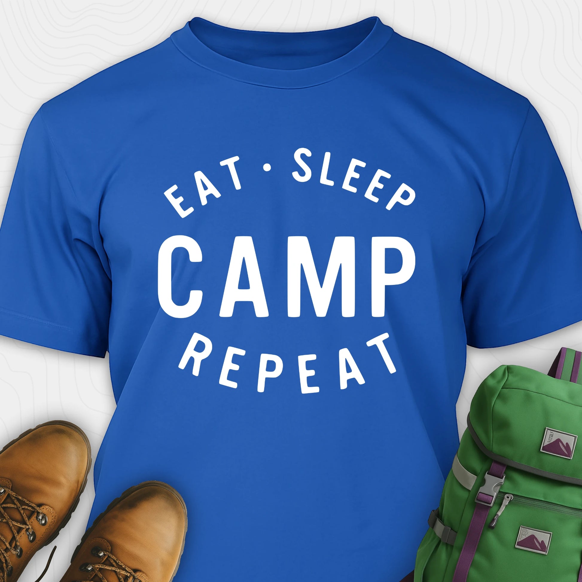 Blue eat sleep camp repeat t-shirt with bold text