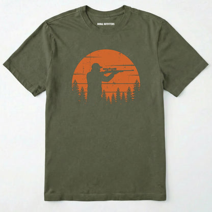 Military Green t-shirt with orange graphic of a hunter and sunset on a white background
