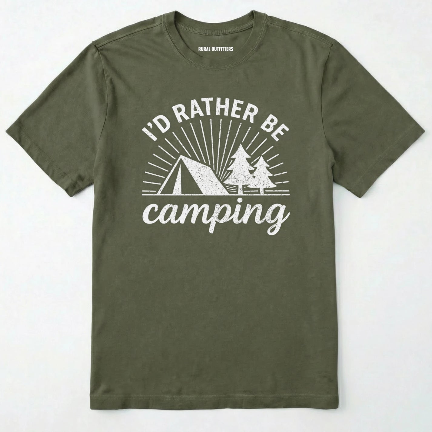 Military Green camping shirt with 'i'd rather be camping' with tent and trees graphic on a white background.