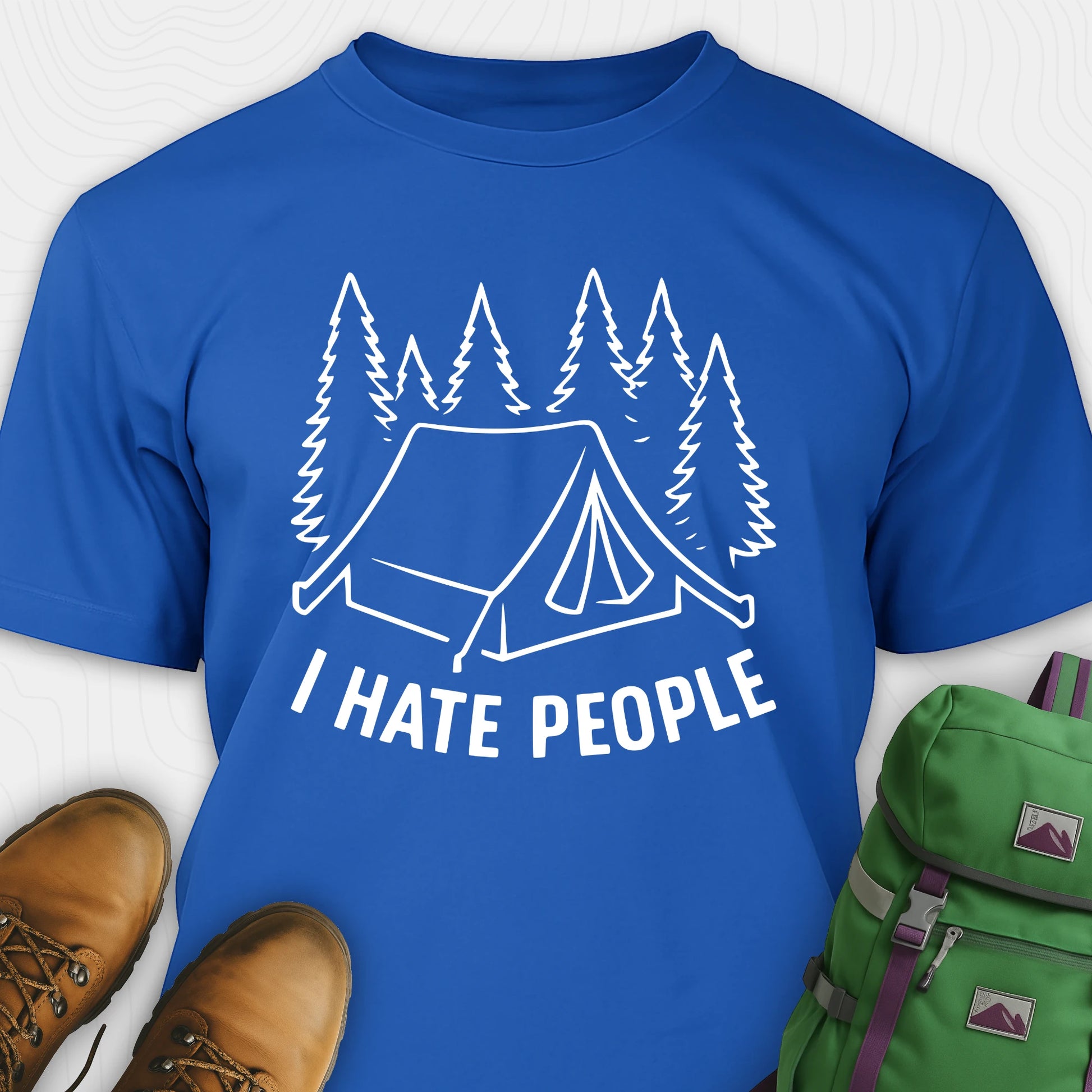 Blue I hate everybody t-shirt with tent and pine tree graphic