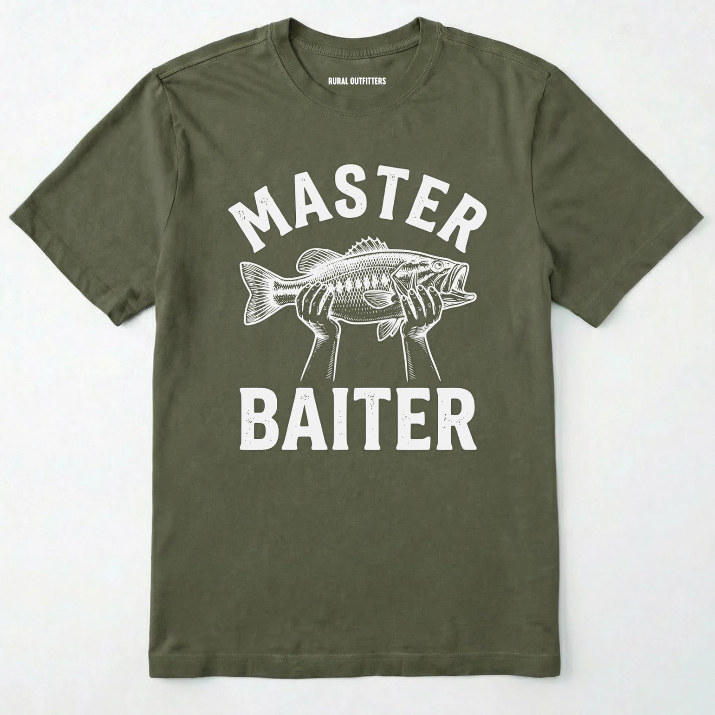 Military Green t-shirt with 'master baiter' graphic and fish design on a white background