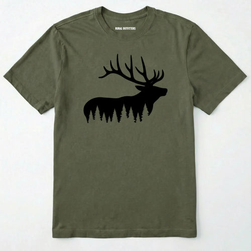 Military Green elk shirt with black elk silhouette design on a white background.