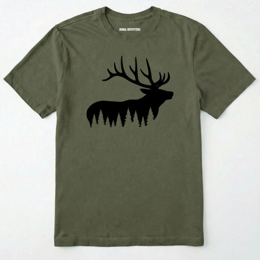 Military Green elk shirt with black elk silhouette design on a white background.