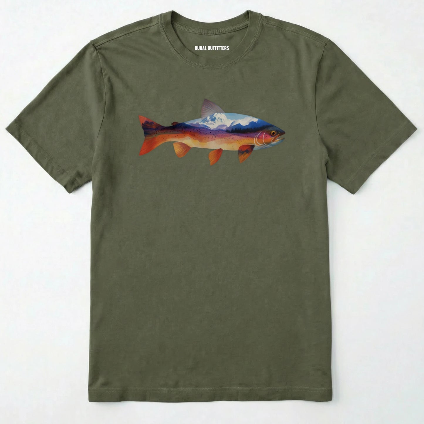 Military Green fish shirt with a colorful trout and mountain landscape graphic on a white background.