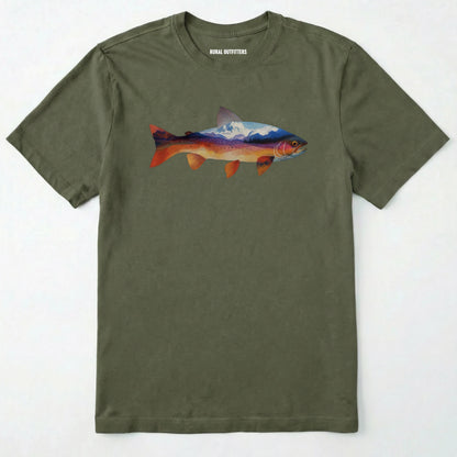 Military Green fish shirt with a colorful trout and mountain landscape graphic on a white background.