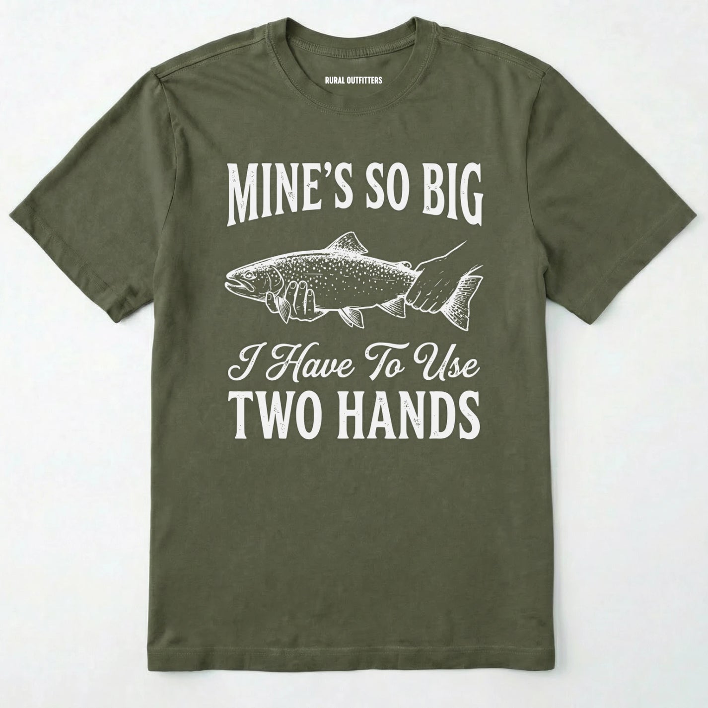 Military Green t-shirt with a fish graphic and humorous text on a white background