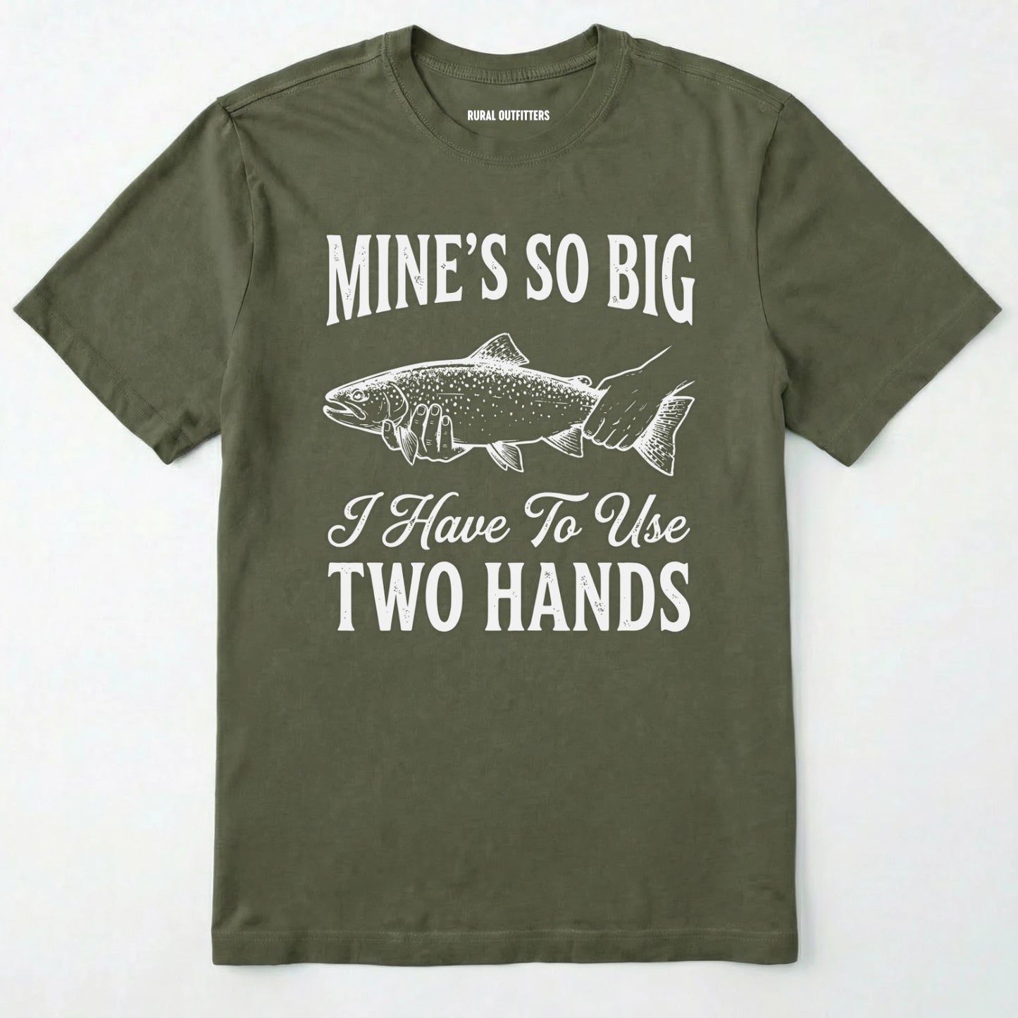 Military Green t-shirt with a fish graphic and humorous text on a white background