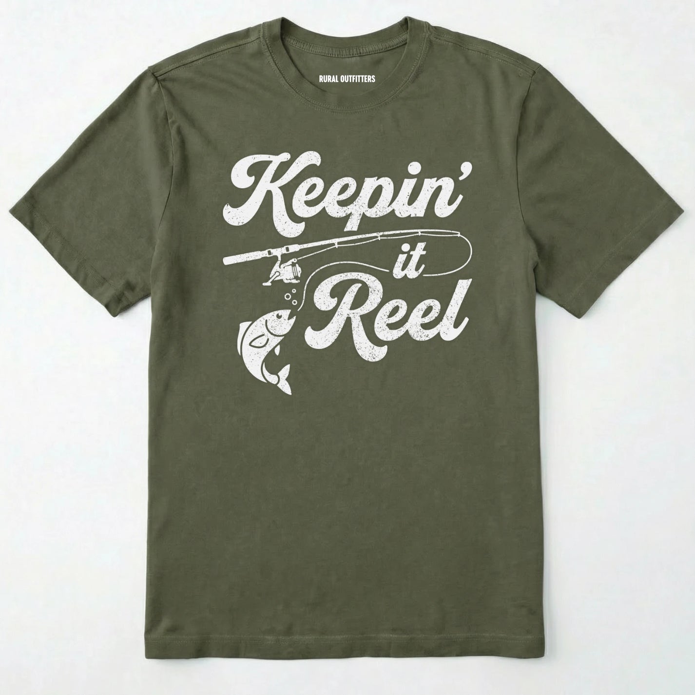 Military Green t-shirt with 'keepin' it reel' graphic design on a white background