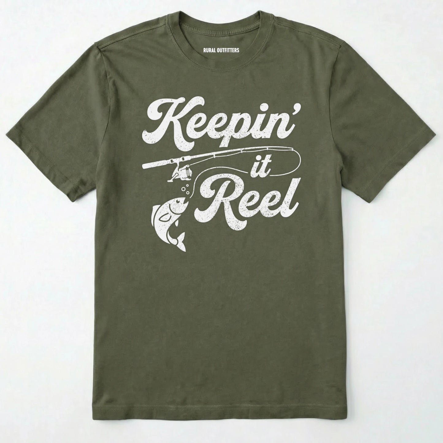Military Green t-shirt with 'keepin' it reel' graphic design on a white background
