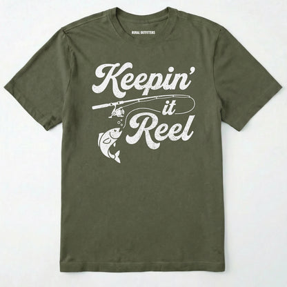 Military Green t-shirt with 'keepin' it reel' graphic design on a white background
